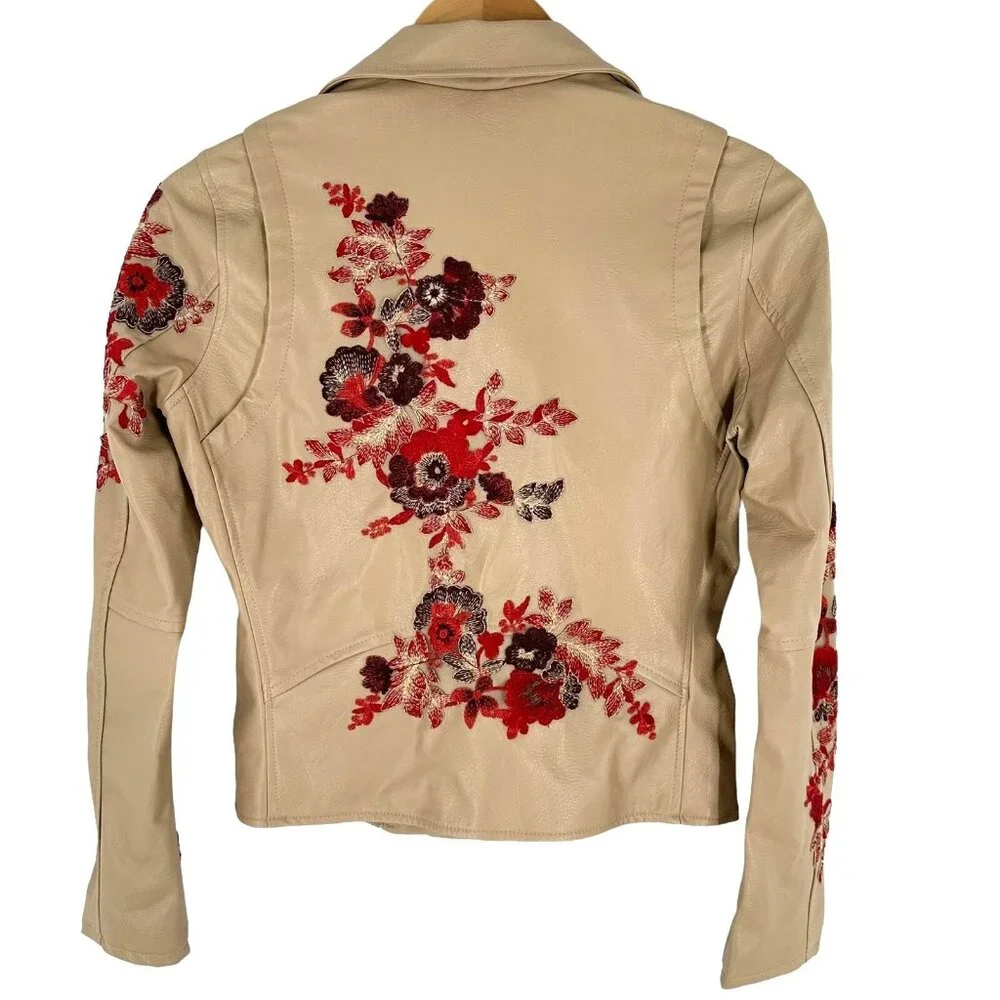 NWT Blank NYC Tan Floral Embroidered Vegan Leather Moto Jacket Size XS Biker - Picture 8 of 10